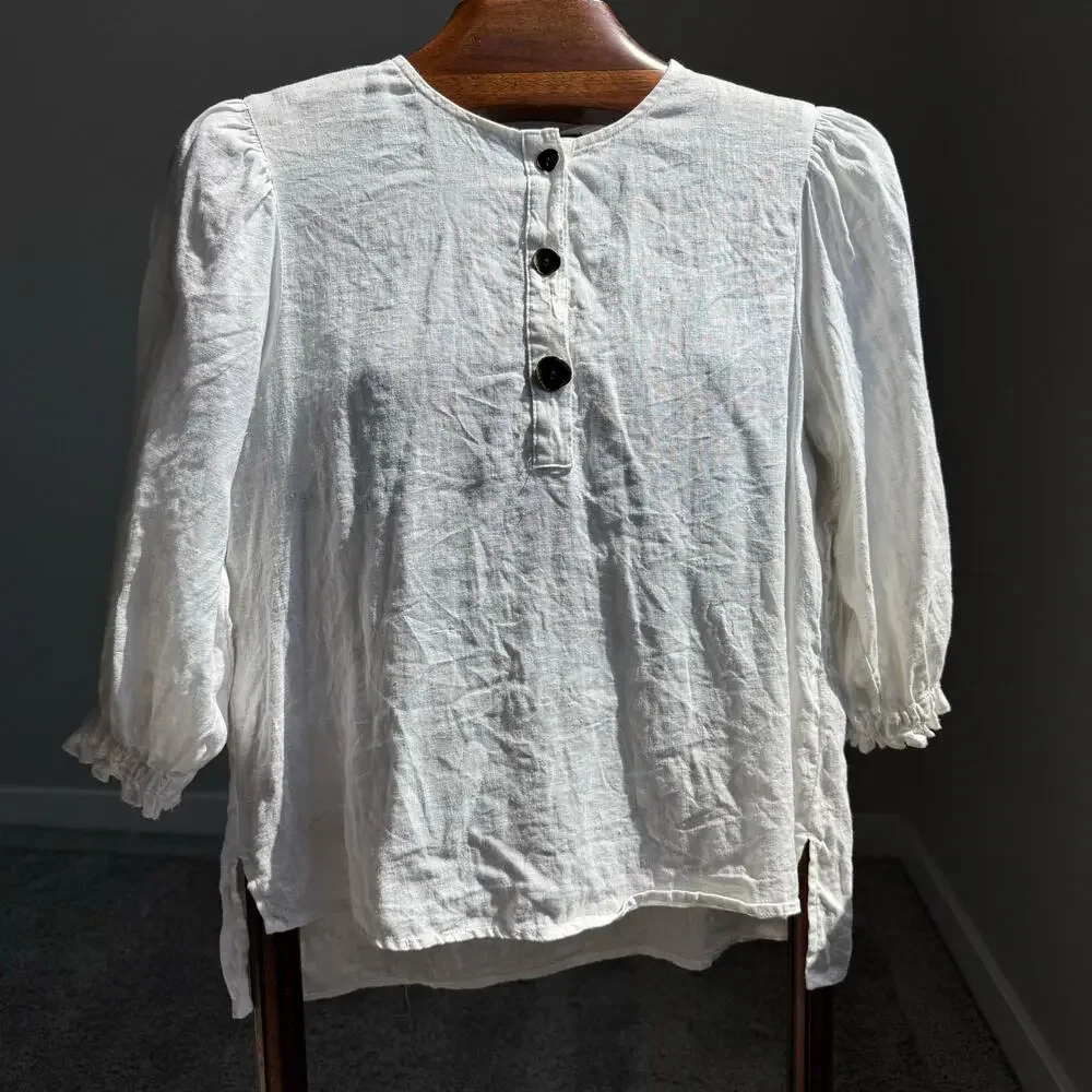 Zara 100% Linen White Puff Sleeve Blouse XS Oversized Coastal Minimalist Summer